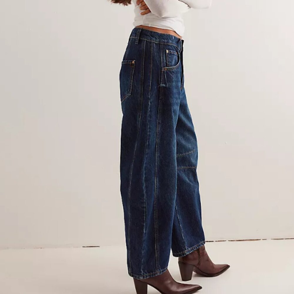 FREE PEOPLE We The Free Good Luck Mid Rise Barrel Leg Jeans in "Deep End" Sz 31 - Picture 4 of 13